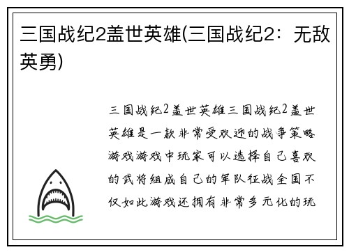 三国战纪2盖世英雄(三国战纪2：无敌英勇)